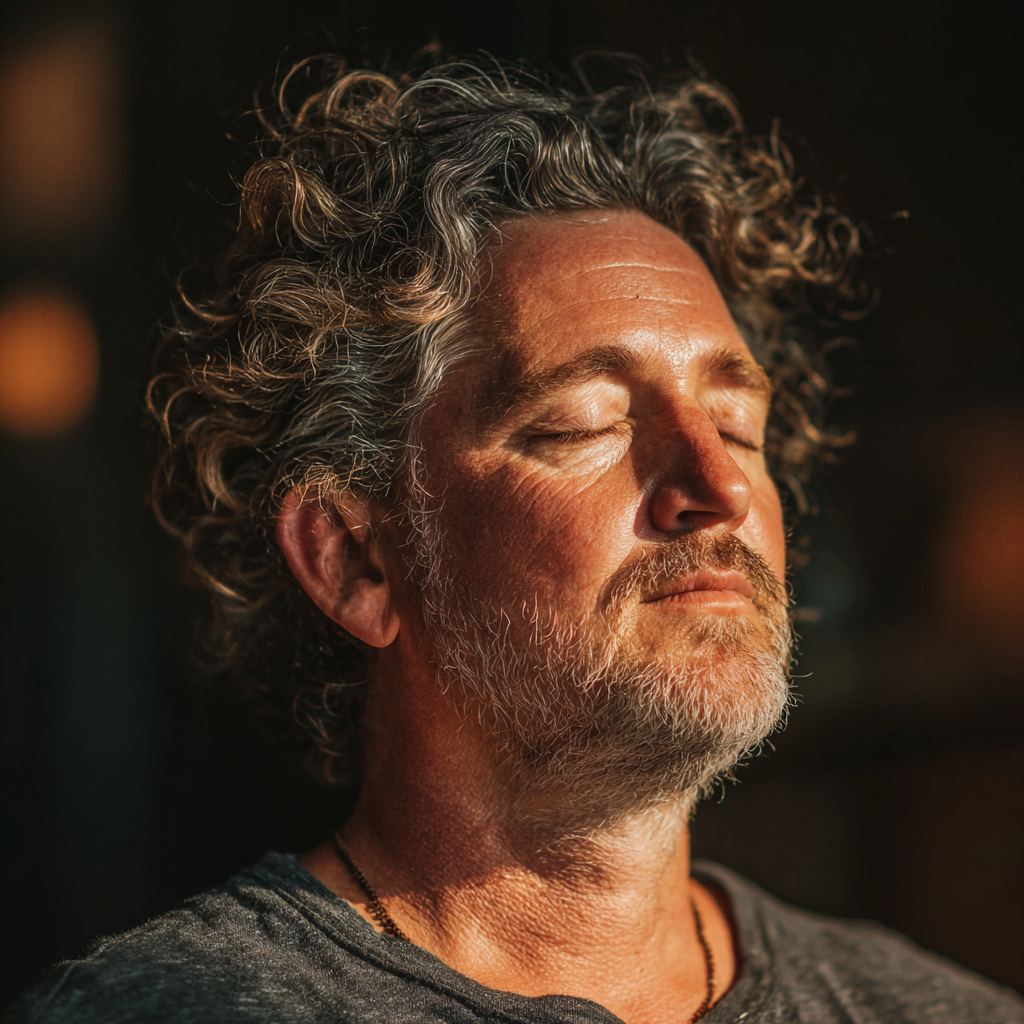 Peaceful man in his forties sitting in meditation pose with eyes closed, surrounded by soft natural lighting in tranquil yoga space